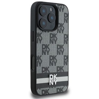 4. DKNY Schutzhülle mit Karomuster und bedruckten Streifen für iPhone 16 Pro, Schwarz
