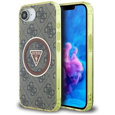 Guess IML Metal Glitter 4G Circle Triangle MagSafe Hülle für iPhone 16e - Braun