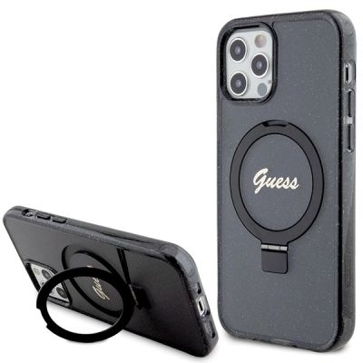 Guess Ring Stand Script Glitter MagSafe-Hülle für iPhone 12/12 Pro – Schwarz