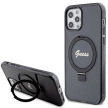 Guess Ring Stand Script Glitter MagSafe-Hülle für iPhone 12/12 Pro – Schwarz