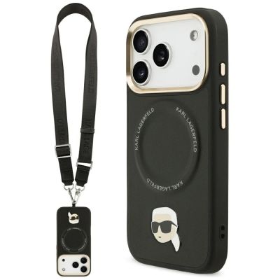 Karl Lagerfeld MagSafe Hülle mit großem Riemen und Karl-Metalllogo für iPhone 17 Pro – Schwarz