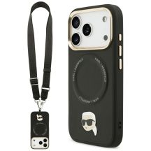 Karl Lagerfeld MagSafe Hülle mit großem Riemen und Karl-Metalllogo für iPhone 17 Pro – Schwarz