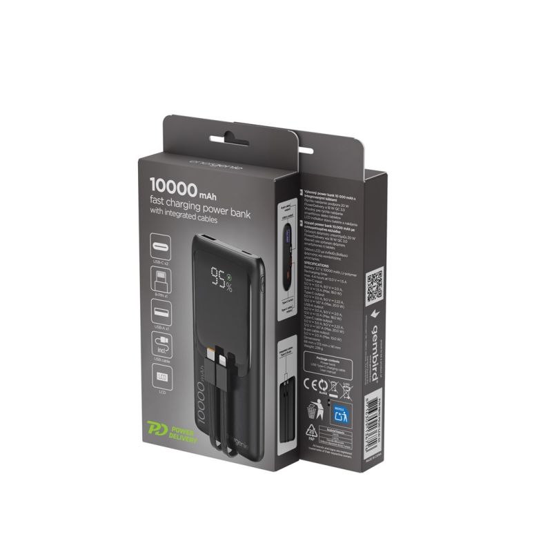 6. GEMBIRD Powerbank 10000mAh mit LCD-Display, integrierten Kabeln und QC3.0 20W Schnellladefunktion
