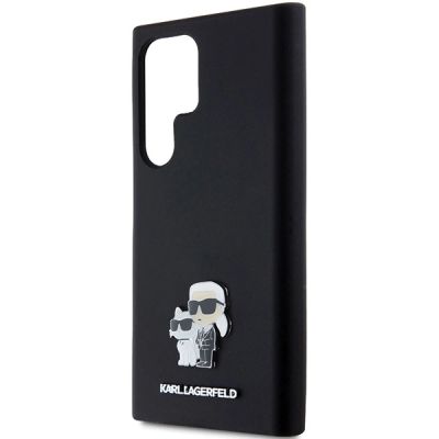 6. Karl Lagerfeld Silikon Karl&Choupette Metal Pin Hülle für Samsung Galaxy S24 Ultra – Schwarz