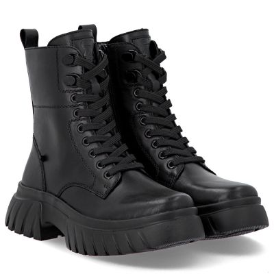 5. Schwarze Damen-Ankle-Boots aus Leder mit dicken Sohlen, Rieker W1870-02