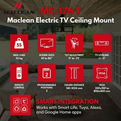 21. MACLEAN Elektrische TV-Deckenhalterung, Tuya-Halterung, max. VESA 800x400, für Fernseher von 43-86 Zoll, max. 55 kg, MC-176 T