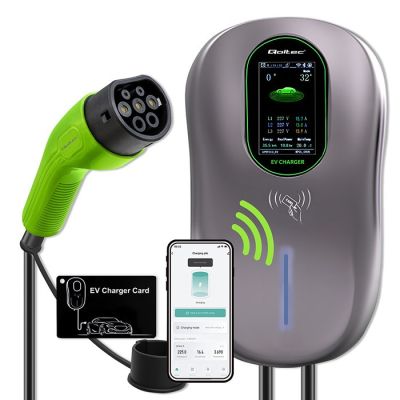8. Qoltec EV-Ladestation 2in1 Typ 2 22kW Wi-Fi LCD RFID 3-Phasen-Wanddose 5m