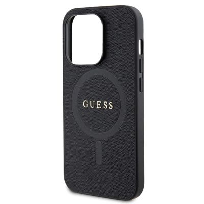 6. Guess GUHMP14LPSAHMCK Hülle für iPhone 14 Pro – schwarzes Saffiano MagSafe