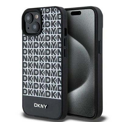 DKNY MagSafe Lederhülle mit bedrucktem Muster und Metalllogo für iPhone 15/14/13 – Schwarz