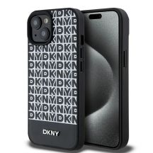 DKNY MagSafe Lederhülle mit bedrucktem Muster und Metalllogo für iPhone 15/14/13 – Schwarz