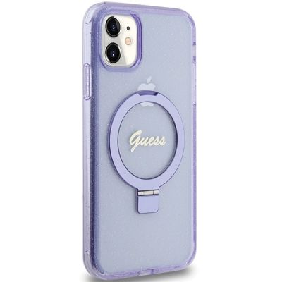 4. Guess Ring Stand Script Glitter MagSafe-Hülle für iPhone 11 / Xr – Lila