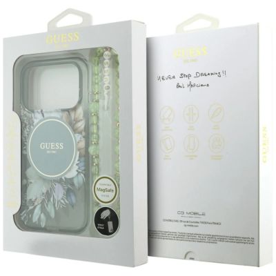 8. Guess IML Flowers Pearl Strap MagSafe Hülle für iPhone 18 Pro / 17 Pro – grün