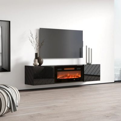 6. TV-Schrank LUXE 182,6 x 34,5 x 37,5 cm, schwarz/glänzend schwarz + schwarzer Kamin