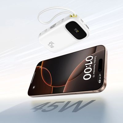 7. Baseus EnerFill FC31 20000mAh 45W Powerbank mit Digitalanzeige und 2 integrierten USB-C-Kabeln – Weiß