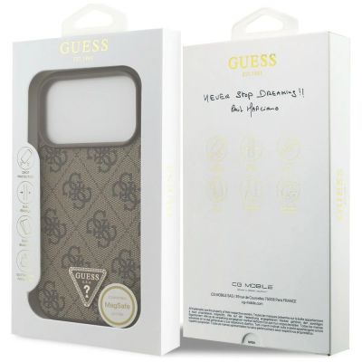 8. Guess Leder 4G Dreieck Strass MagSafe Hülle für iPhone 18 Pro / 17 Pro - Braun