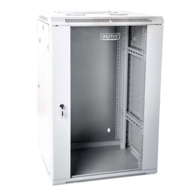 7. Wandmontierter Netzwerkschrank 19" 15U Rack 600x600, Glastür, grau, unterteilt, montiert, 60 kg