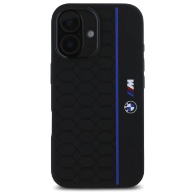 3. BMW Silikon Hexagon Blue Line MagSafe Hülle für iPhone 16 – Schwarz