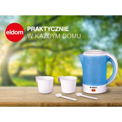 8. ELDOM C190 LINO 0,6 L 550W BLAUER WASSERKOCHER FÜR TOURISTEN + ZWEI TASSEN, ZWEI LÖFFEL