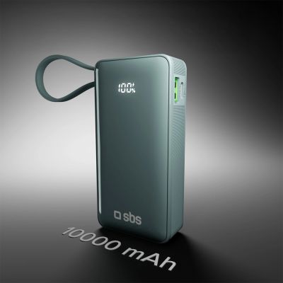9. Powerbank SBS 10000 mAh 20W mit integriertem USB-C-Kabel und Digitalanzeige - grau