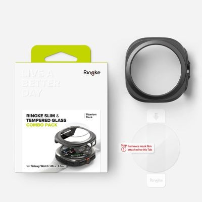 8. Ringke Slim & Tempered Glass Case + Glas-Set für Samsung Galaxy Watch Ultra 47 mm – Schwarz