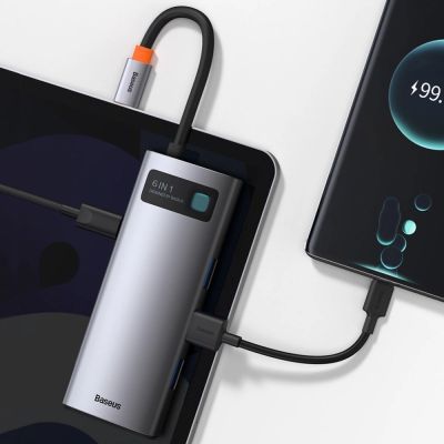 11. HUB Baseus Metal Gleam 6in1 USB-C - USB-C PD 100W 1x HDMI 4K 30Hz 3x USB-A 3.2 1x RJ45 - grau