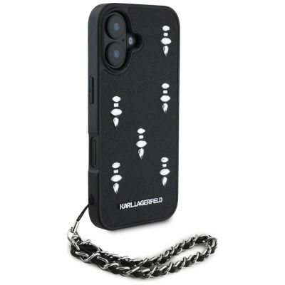 3. Karl Lagerfeld Saffiano-Kristalle mit Kette iPhone 16-Hülle - Schwarz