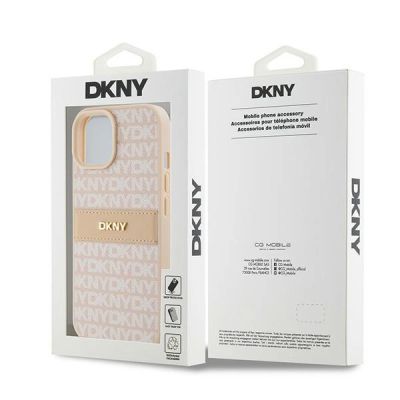 8. DKNY Leder-Monostreifen- und Metall-Logo-Hülle für iPhone 15 Plus / 14 Plus – Pink