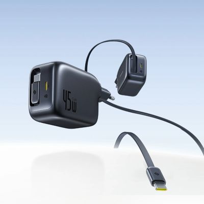 5. Baseus EnerCore CJ11 45W Wandladegerät mit USB-C-Anschluss und einziehbarem USB-C-Kabel – Schwarz