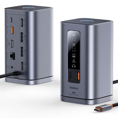 2. Baseus Spacemate RD1 Hub 11-in-1 USB-C Dockingstation – 2x HDMI 4K@60Hz, 2x DP 4K@60Hz, 2x USB-A 10 Gbit/s, USB-C 10 Gbit/s, RJ45, USB-A 480 Mbit/s, USB-C PD Mini-Klinkenanschluss, 3,5-mm-EU-Ladeanschluss – Grau