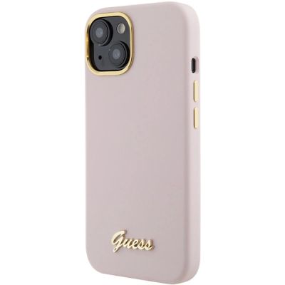 2. Guess Silikon Script Metal Logo & Frame Hülle für iPhone 15 – Rosa