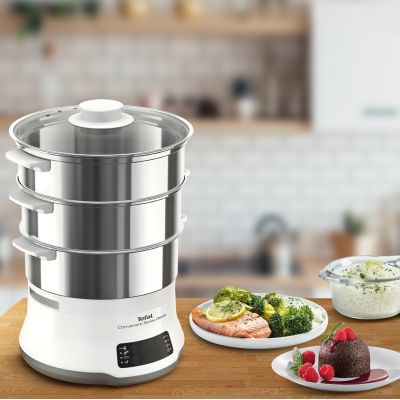 19. Tefal Convenient Series Deluxe VC502D 3-Korb-Dampfgarer, 900 W, Edelstahl, Weiß
