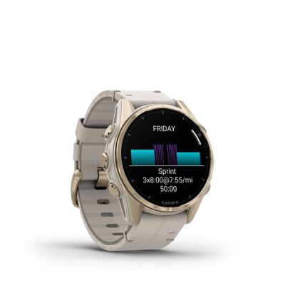 4. Garmin Fenix 8 43mm AMOLED Saphirblau Titan Soft Gold mit limettenfarbenem Lederarmband
