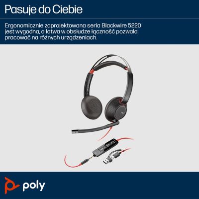 177. Poly Blackwire 5220 Stereo-Kopfhörer USB-C Headset + 3,5-mm-Klinkenstecker + USB-C/A-Adapter 8X231AA