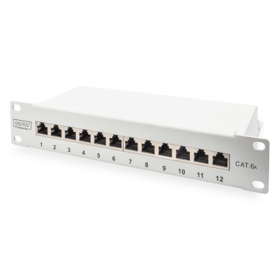 2. Digitus Patchpanel 10'' 12x RJ45, LSA-Level, Cat.6A, geschirmt, 1 HE, grau, Kabelführung