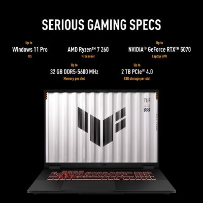 13. ASUS TUF Gaming A18 FA808UM-S9058 Ryzen 7 260 18,0" 2,5K 240Hz IPS-Level 500nits AG 16GB DDR5 5600 SSD512 GeForce RTX 5060 8GB WLAN+BT LAN Kamera 1080p 90Wh Kein Betriebssystem Jaeger Grau