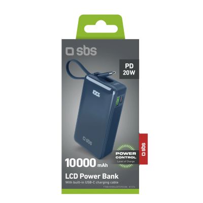 2. Powerbank SBS 10000 mAh 20W mit integriertem USB-C-Kabel und Digitalanzeige - dunkelgrau