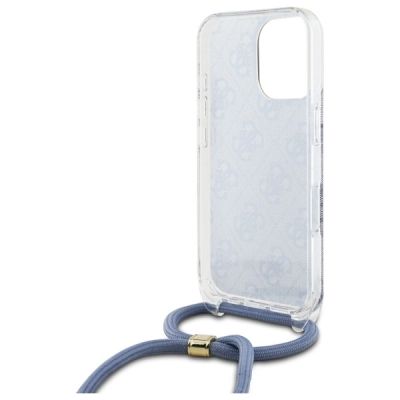 6. Guess Crossbody Cord 4G Print Hülle mit Trageband für iPhone 16 Pro – Blau