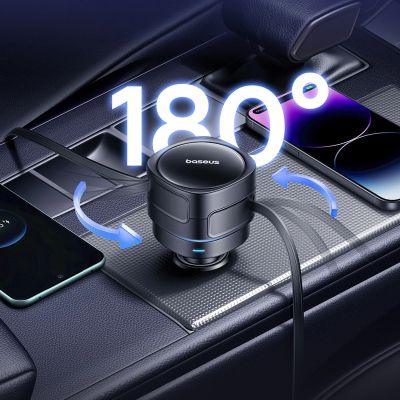 7. Baseus Enjoyment Max 60W Autoladegerät mit einziehbaren USB-C- und Lightning Kabeln – Schwarz
