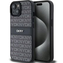 DKNY Leder-Monostreifen- und Metall-Logo-Hülle für iPhone 15 Plus / 14 Plus – Schwarz