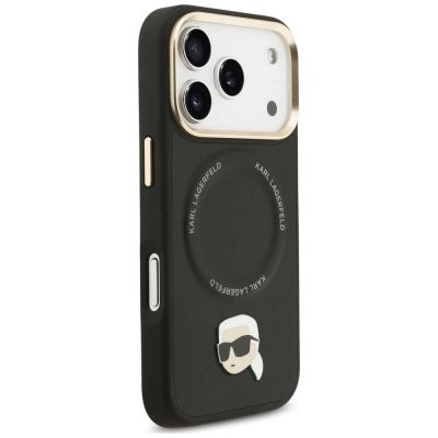 4. Karl Lagerfeld MagSafe Hülle mit großem Riemen und Karl-Metalllogo für iPhone 17 Pro – Schwarz