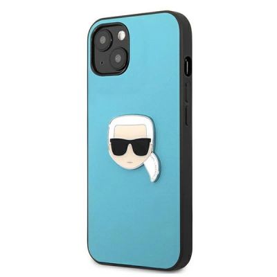 2. Karl Lagerfeld Leder Ikonik Karl's Head Metallhülle für iPhone 13 mini - Blau
