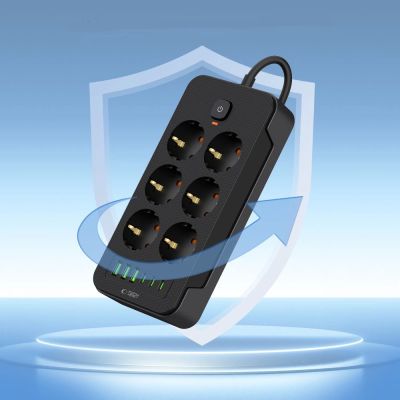 4. Tech-Protect PC6X6 Steckdosenleiste 6 Steckdosen 240V + 3xUSB-A + 3xUSB-C 200cm - Schwarz