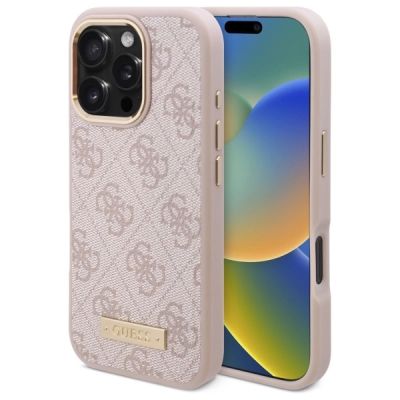 Guess 4G Logo Plate MagSafe-Hülle für iPhone 16 Pro Max – Rosa