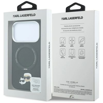 8. Karl Lagerfeld mit Ringständer 360° Karl & Choupette Köpfe Pin MagSafe Hülle für iPhone 18 Pro / 17 Pro - Schwarz
