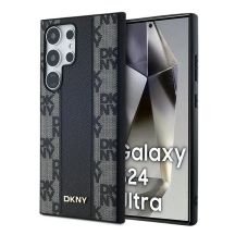 DKNY Leder-MagSafe-Hülle mit kariertem Monomuster für Samsung Galaxy S24 Ultra – Schwarz
