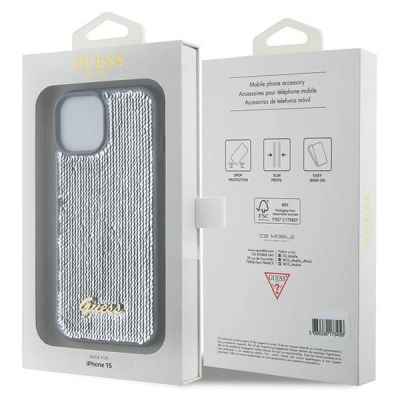 8. Guess Pailletten-Schriftzug-Metallgehäuse für iPhone 15 – Silber