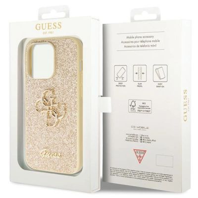 8. Guess GUHCP14LHG4SGD Hülle für iPhone 14 Pro – Gold Glitter Script Big 4G