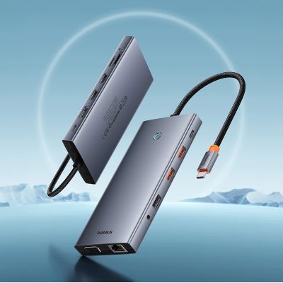 7. HUB Baseus PortalJoy Series 13in1 USB-C – 2x HDMI / DP / VGA / USB-A 3.1 / USB-C 3.1 / USB-A 2.0 / PD / RJ45 / SD / TF / AUX – grau