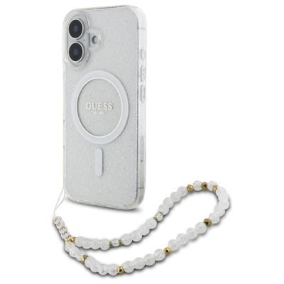 Guess IML Glitter With Pearl Strap MagSafe-Hülle für iPhone 16 Plus – transparent