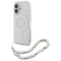 Guess IML Glitter With Pearl Strap MagSafe-Hülle für iPhone 16 Plus – transparent